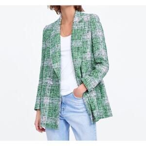 ZARA Tweed Frock Coat Blazer Sz L Green Plaid Blogger Favorite